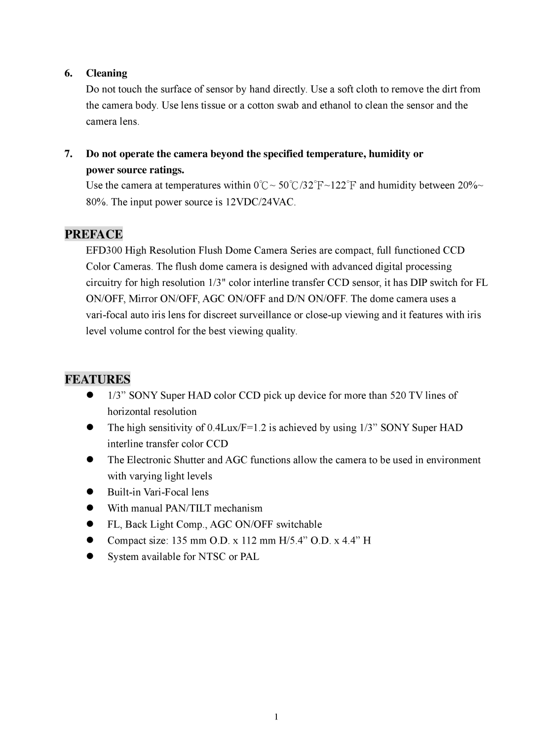 EverFocus EFD300 specifications Preface, Features, Cleaning 