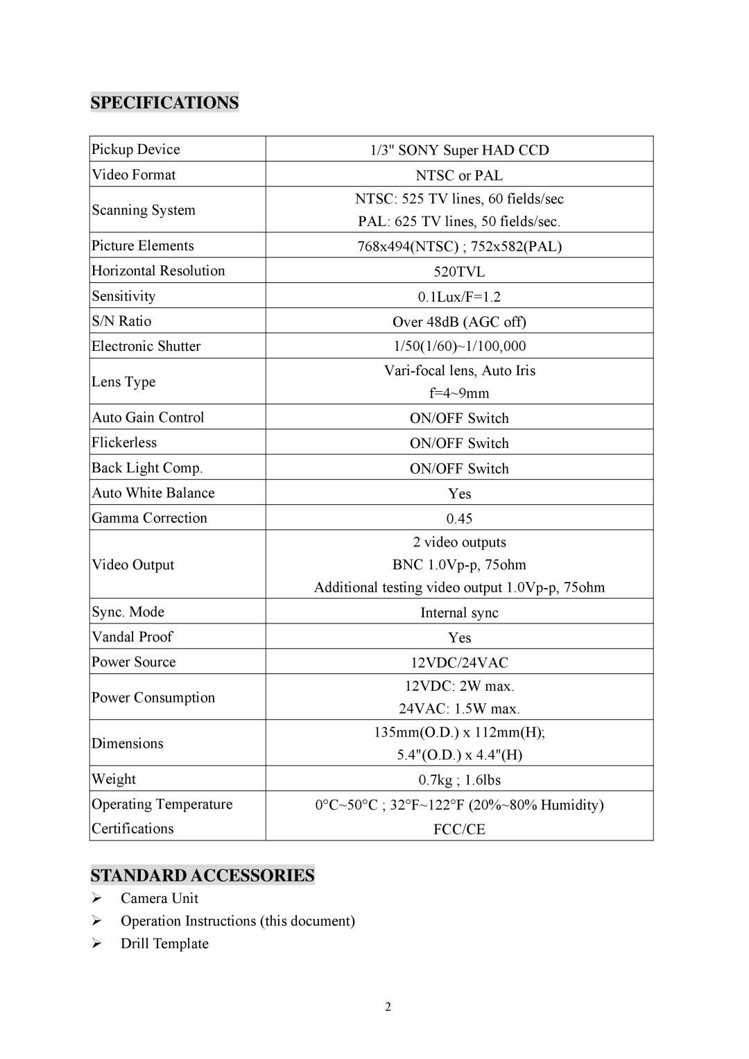 EverFocus EFD300 specifications Specifications, Standard Accessories 