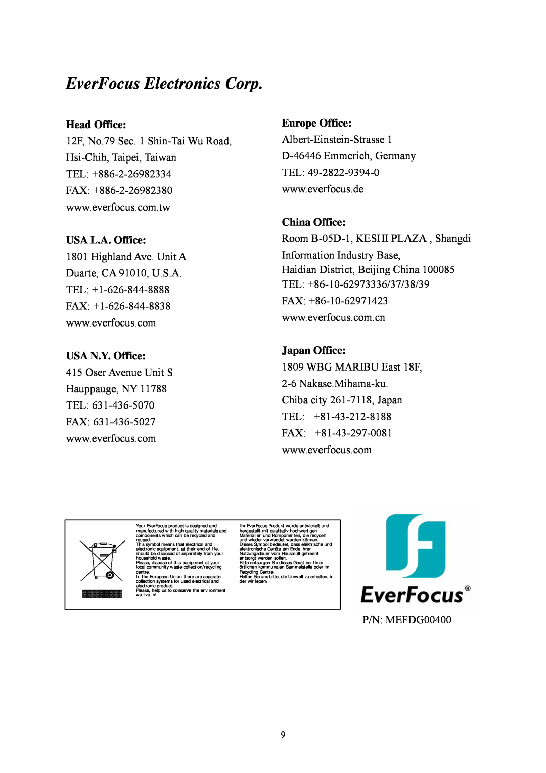 EverFocus EFD300 specifications Head Office, USA L.A. Office, USA N.Y. Office, Europe Office, China Office, Japan Office 