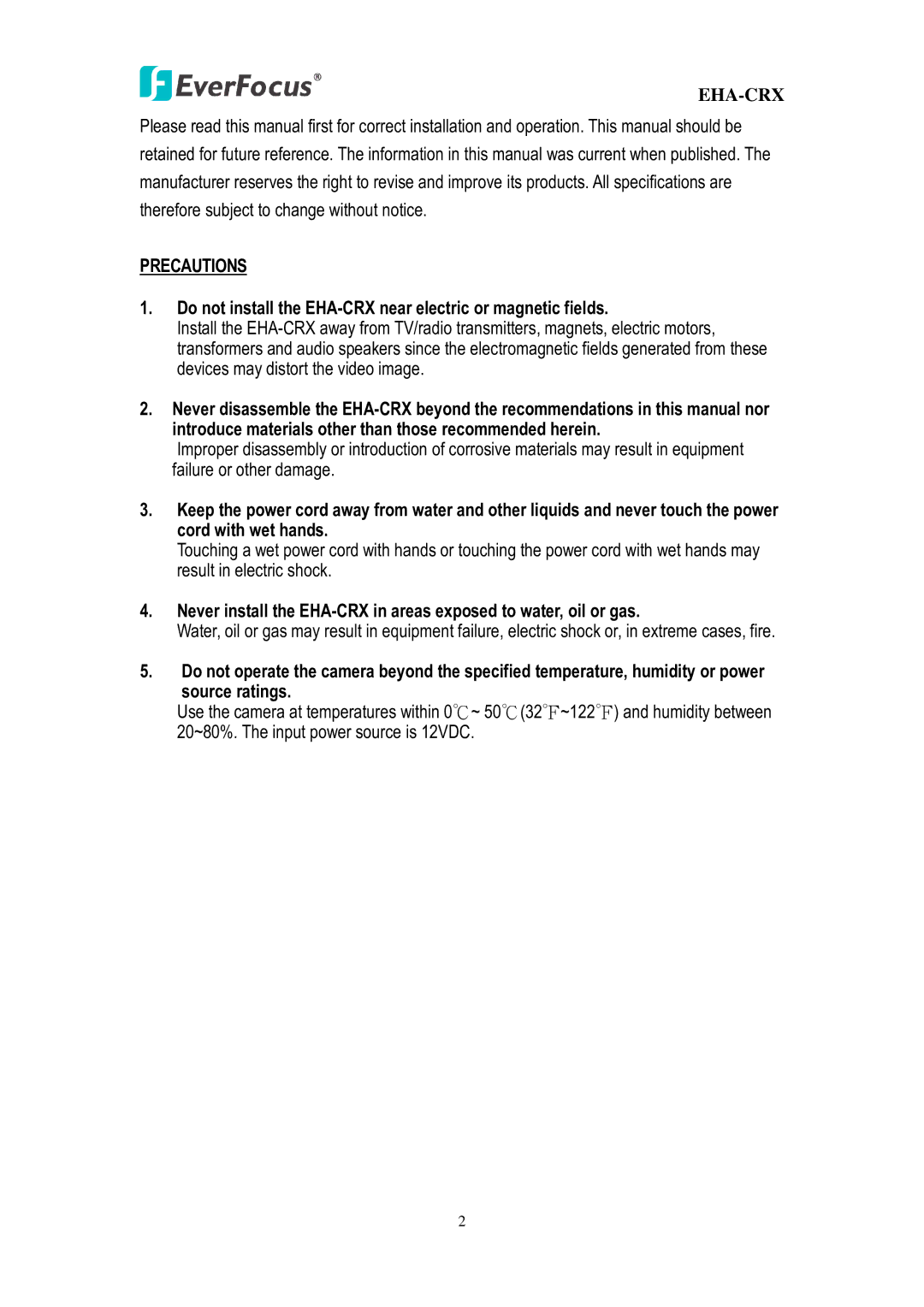 EverFocus EHA-CRX user manual Eha-Crx, Precautions 