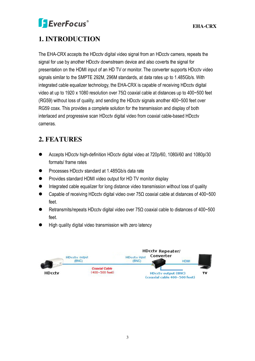 EverFocus EHA-CRX user manual Introduction, Features 