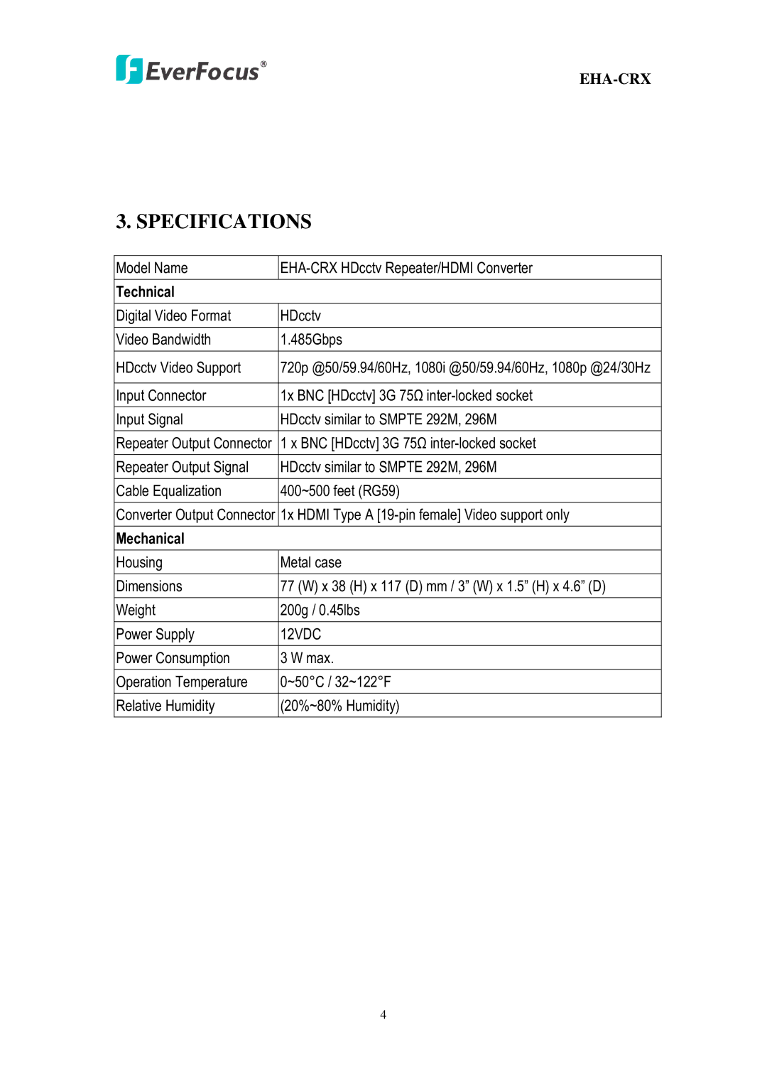 EverFocus EHA-CRX user manual Specifications, 12VDC 