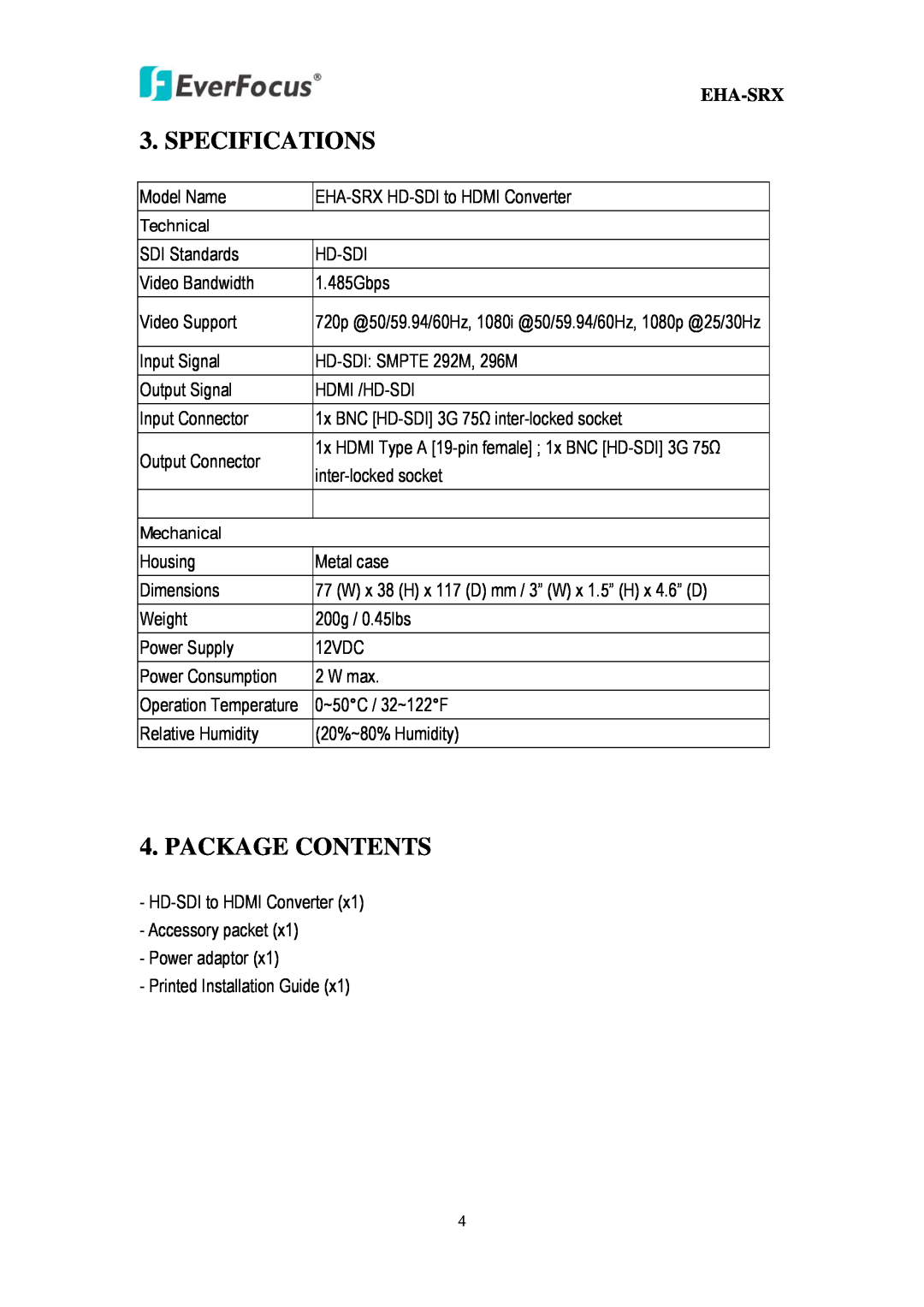 EverFocus EHA-SRX user manual Specifications, Package Contents, Eha-Srx, Technical, Mechanical 