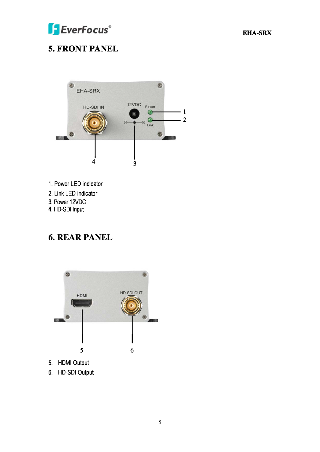 EverFocus EHA-SRX Front Panel, Rear Panel, Eha-Srx, Power LED indicator 2. Link LED indicator 3. Power 12VDC, HD-SDI Input 