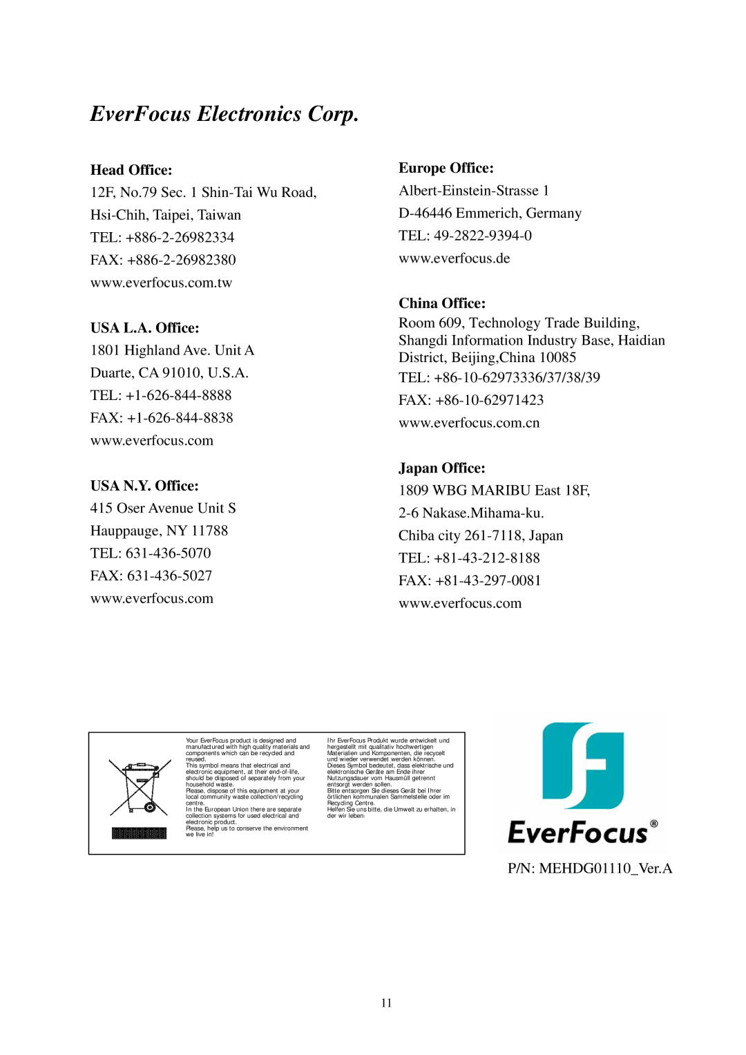 EverFocus EHD300N specifications Head Office, USA L.A. Office USA N.Y. Office Europe Office, China Office, Japan Office 