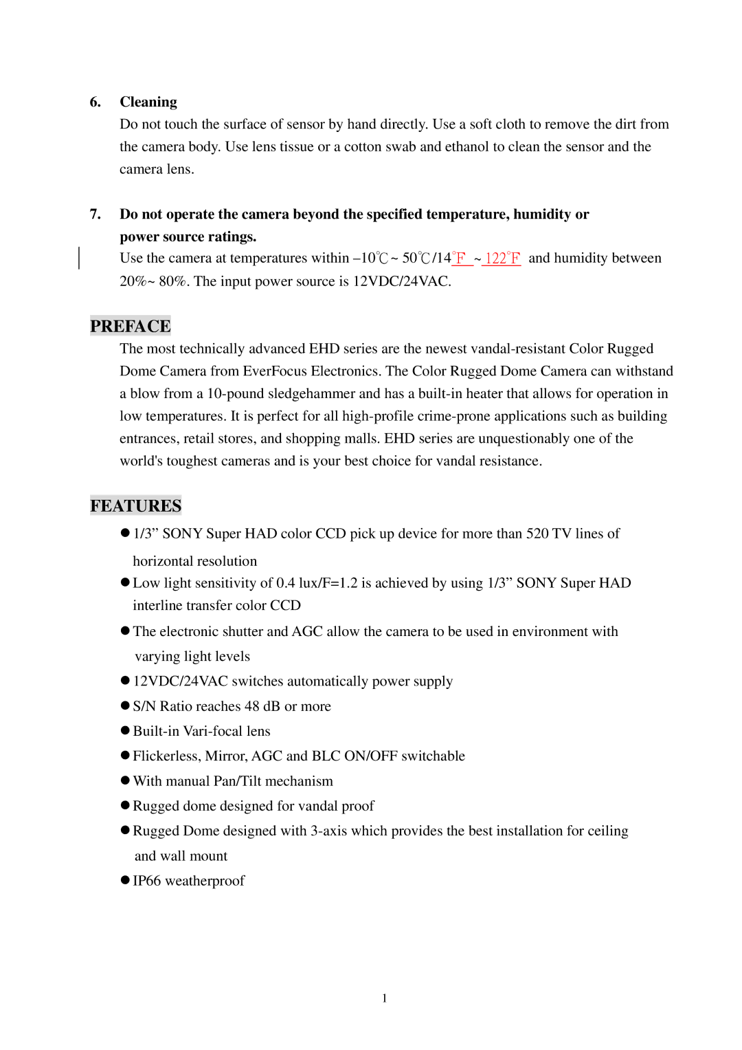 EverFocus EHD300N specifications Preface, Features, Cleaning 