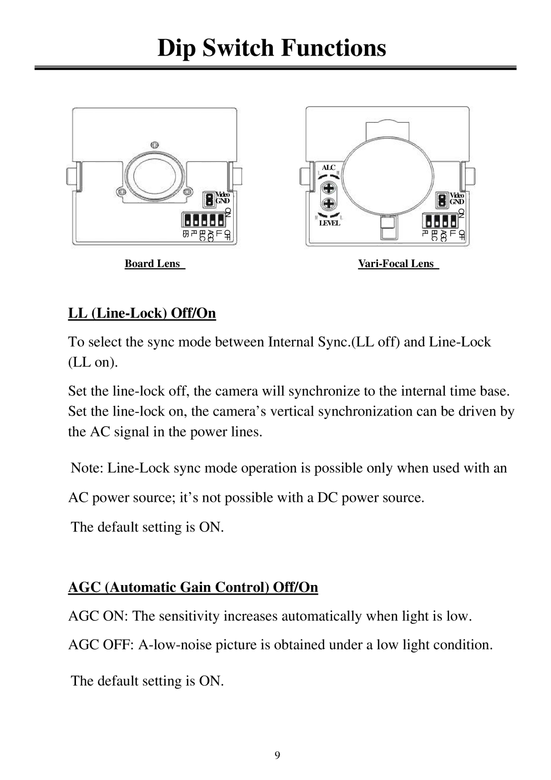 EverFocus EHD320 user manual LL Line-Lock Off/On, AGC Automatic Gain Control Off/On 