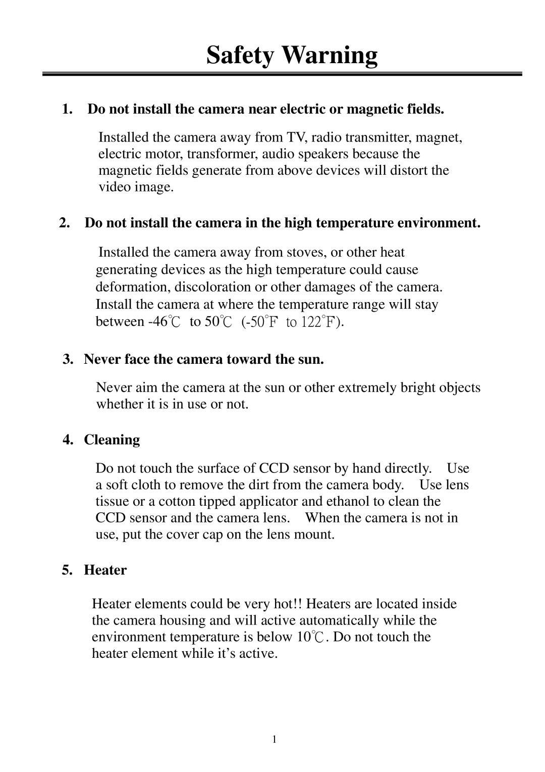 EverFocus EHD320 user manual Safety Warning, Do not install the camera near electric or magnetic fields, Cleaning, Heater 