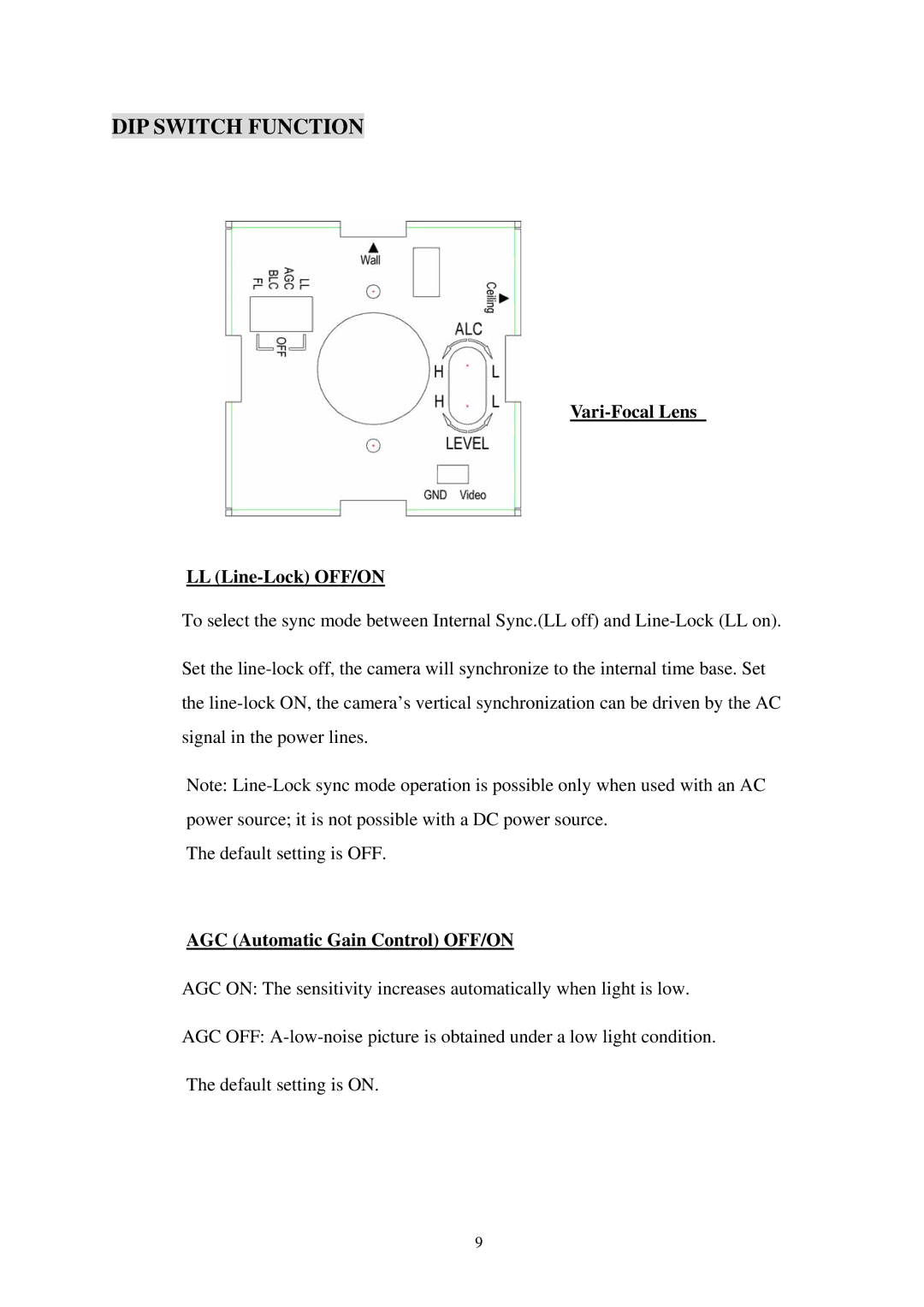 EverFocus EHD350 specifications DIP Switch Function, Vari-Focal Lens LL Line-Lock OFF/ON, AGC Automatic Gain Control OFF/ON 