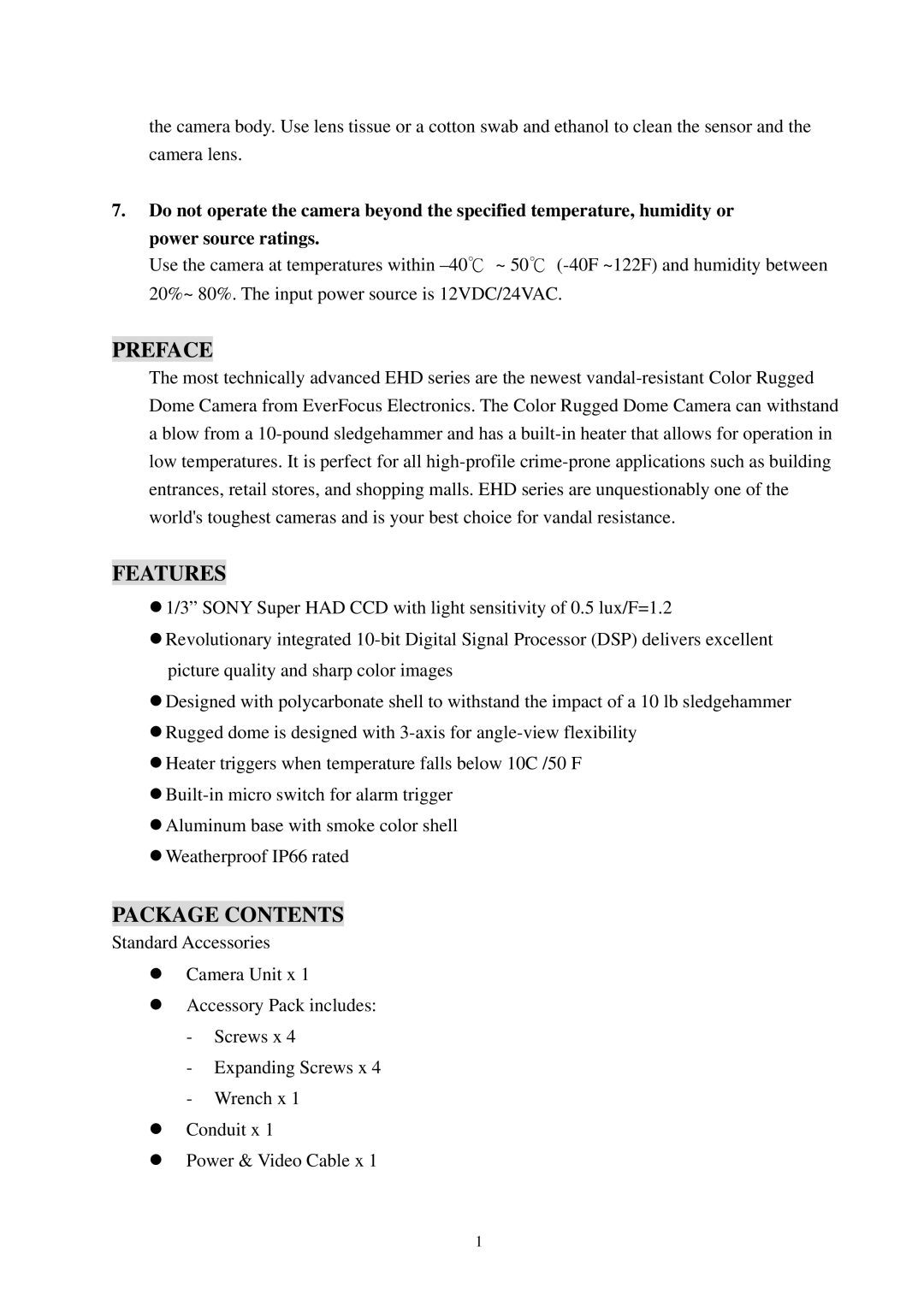 EverFocus EHD350 specifications Preface, Features, Package Contents 