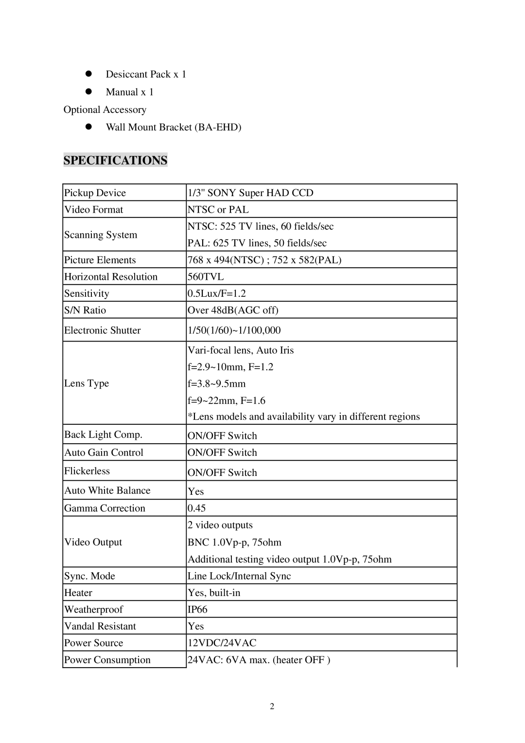 EverFocus EHD350 specifications Specifications, 12VDC/24VAC 