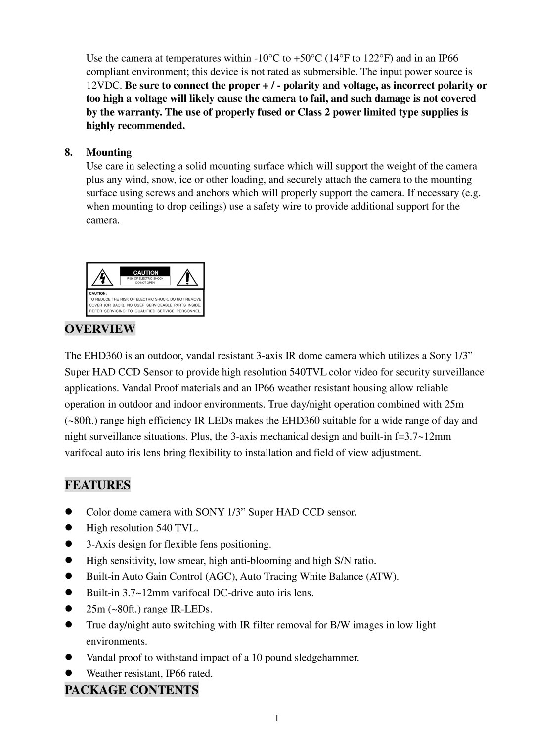 EverFocus EHD360 specifications Overview, Features, Package Contents 