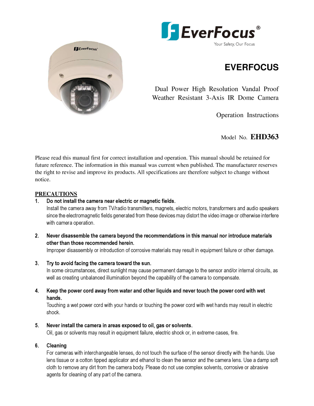 EverFocus EHD363 specifications Precautions, Try to avoid facing the camera toward the sun 