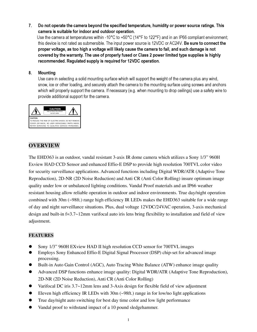 EverFocus EHD363 specifications Overview, Mounting, Features 