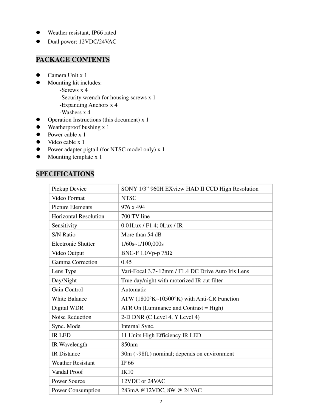 EverFocus EHD363 specifications Package Contents, Specifications 