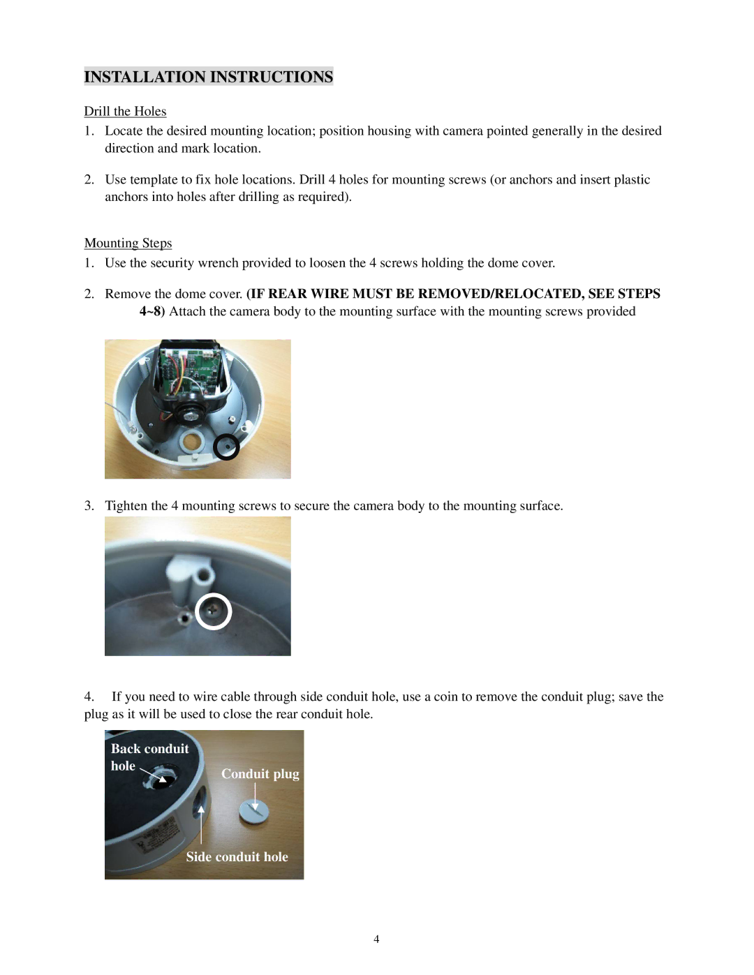 EverFocus EHD363 specifications Installation Instructions, Back conduit Hole Conduit plug Side conduit hole 