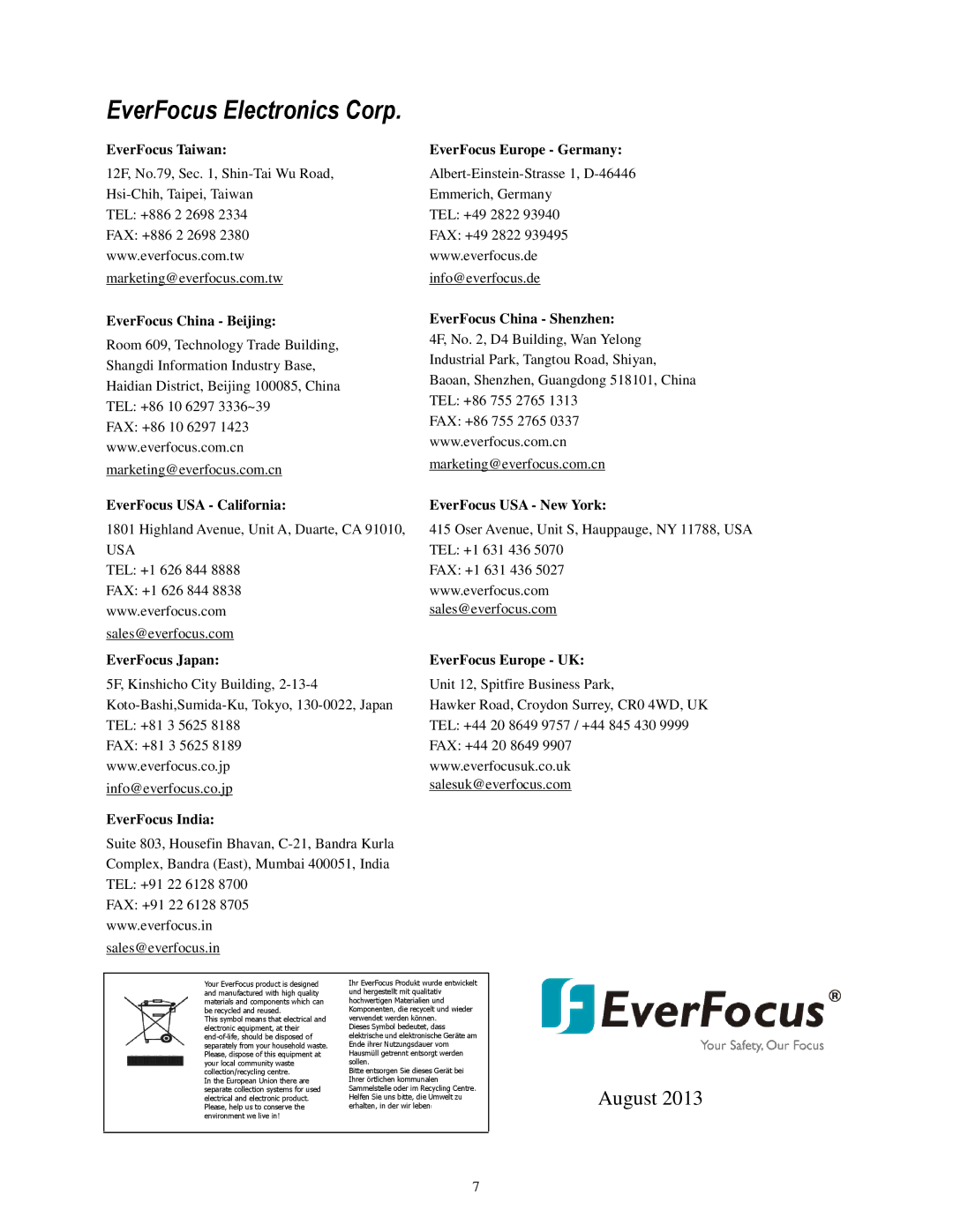 EverFocus EHD363 specifications EverFocus Electronics Corp 