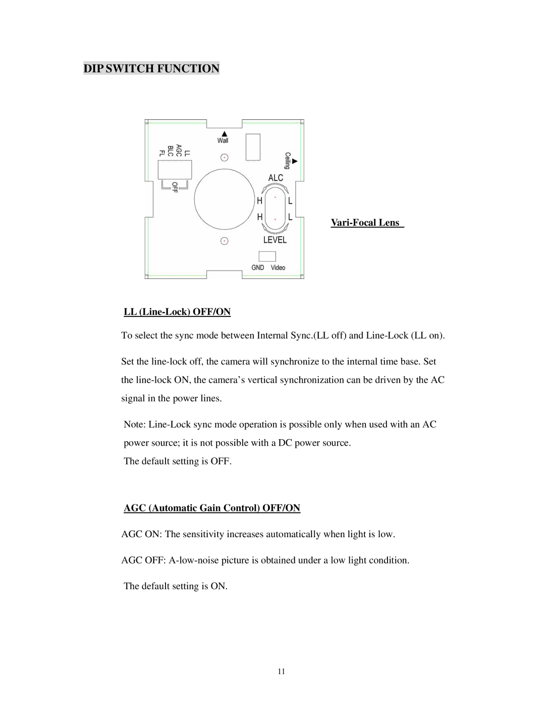 EverFocus EHD525EX DIP Switch Function, Vari-Focal Lens LL Line-Lock OFF/ON, AGC Automatic Gain Control OFF/ON 