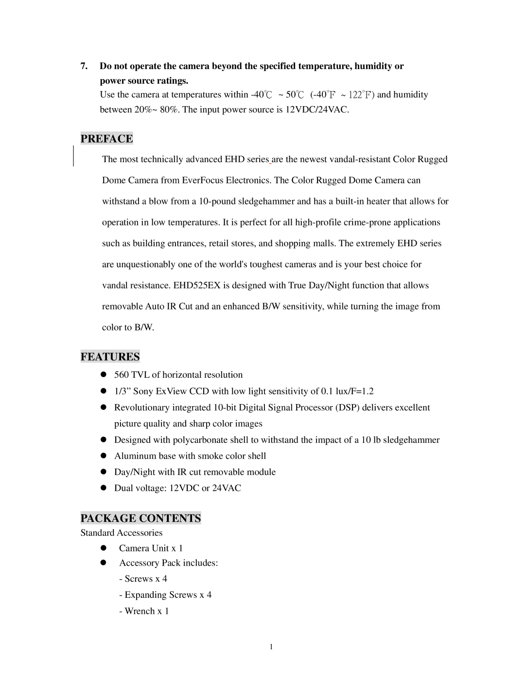 EverFocus EHD525EX specifications Preface, Features, Package Contents 