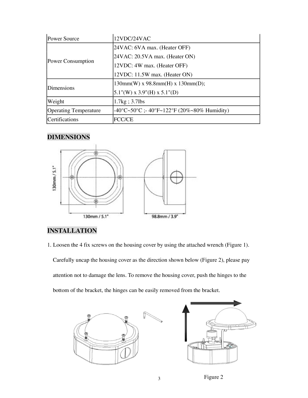 EverFocus EHD525EX specifications Dimensions Installation, 12VDC/24VAC 