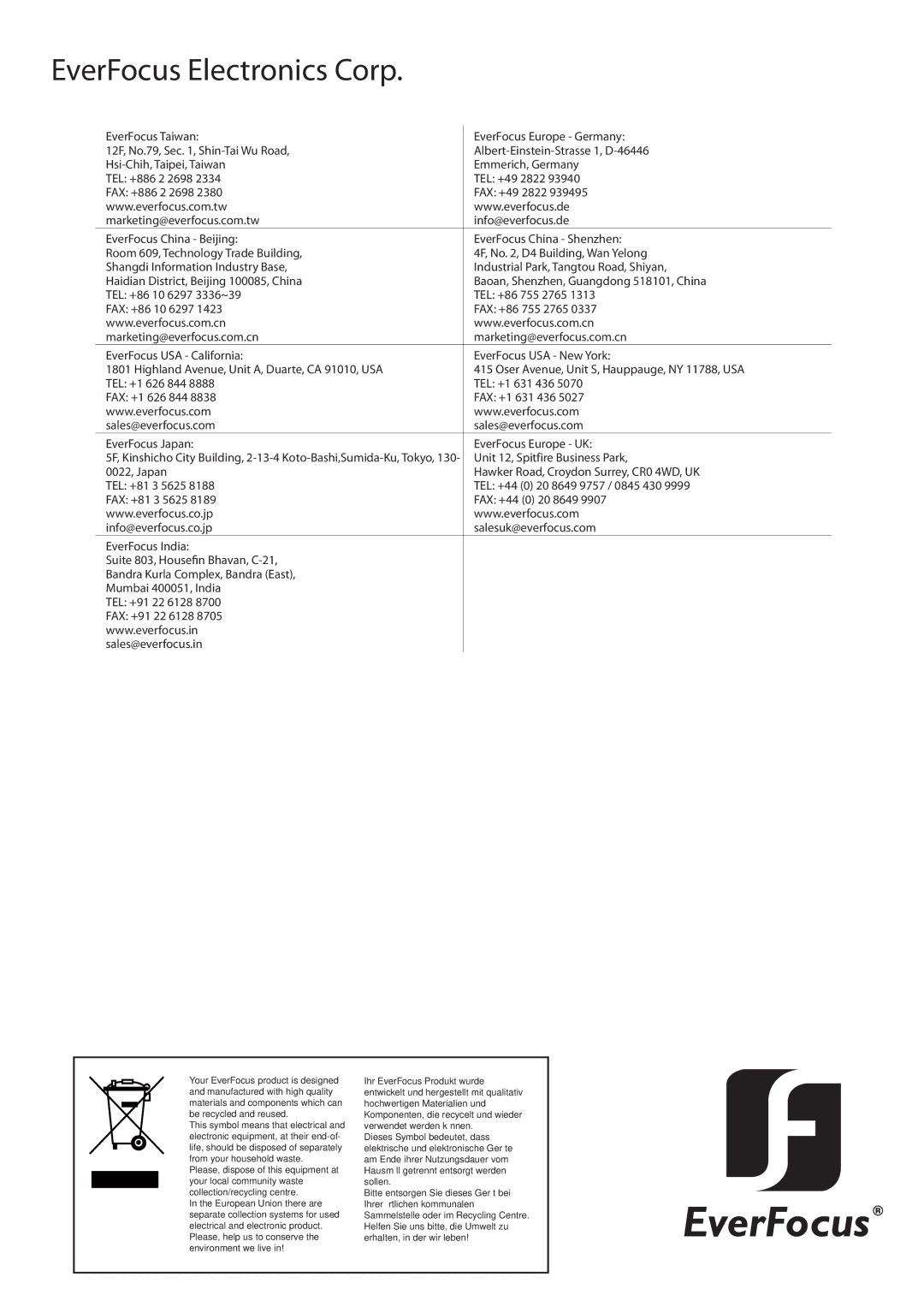 EverFocus ED705, EHD705 manual EverFocus Electronics Corp 