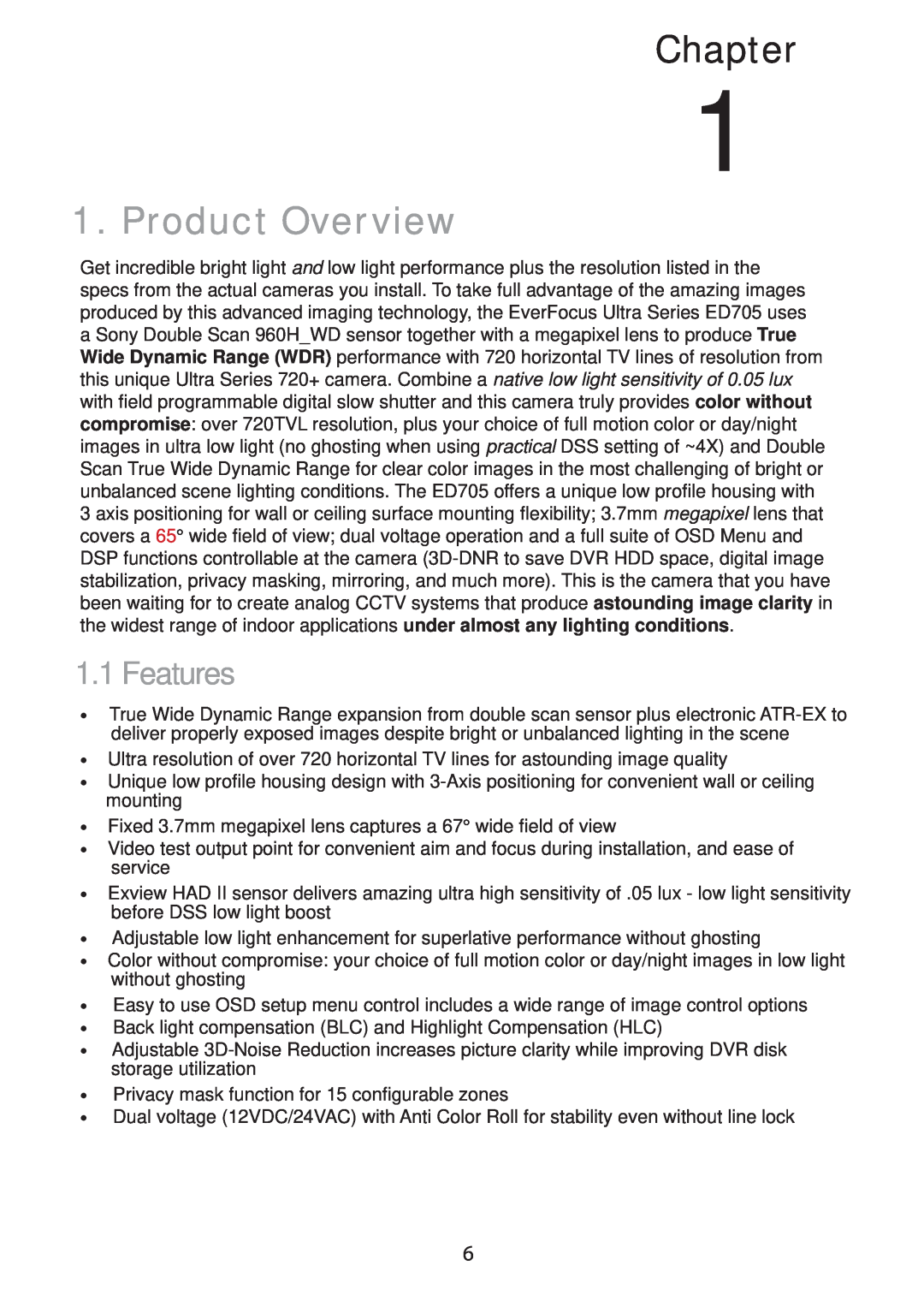 EverFocus EHD705, ED705 manual Chapter, Product Overview, Features 