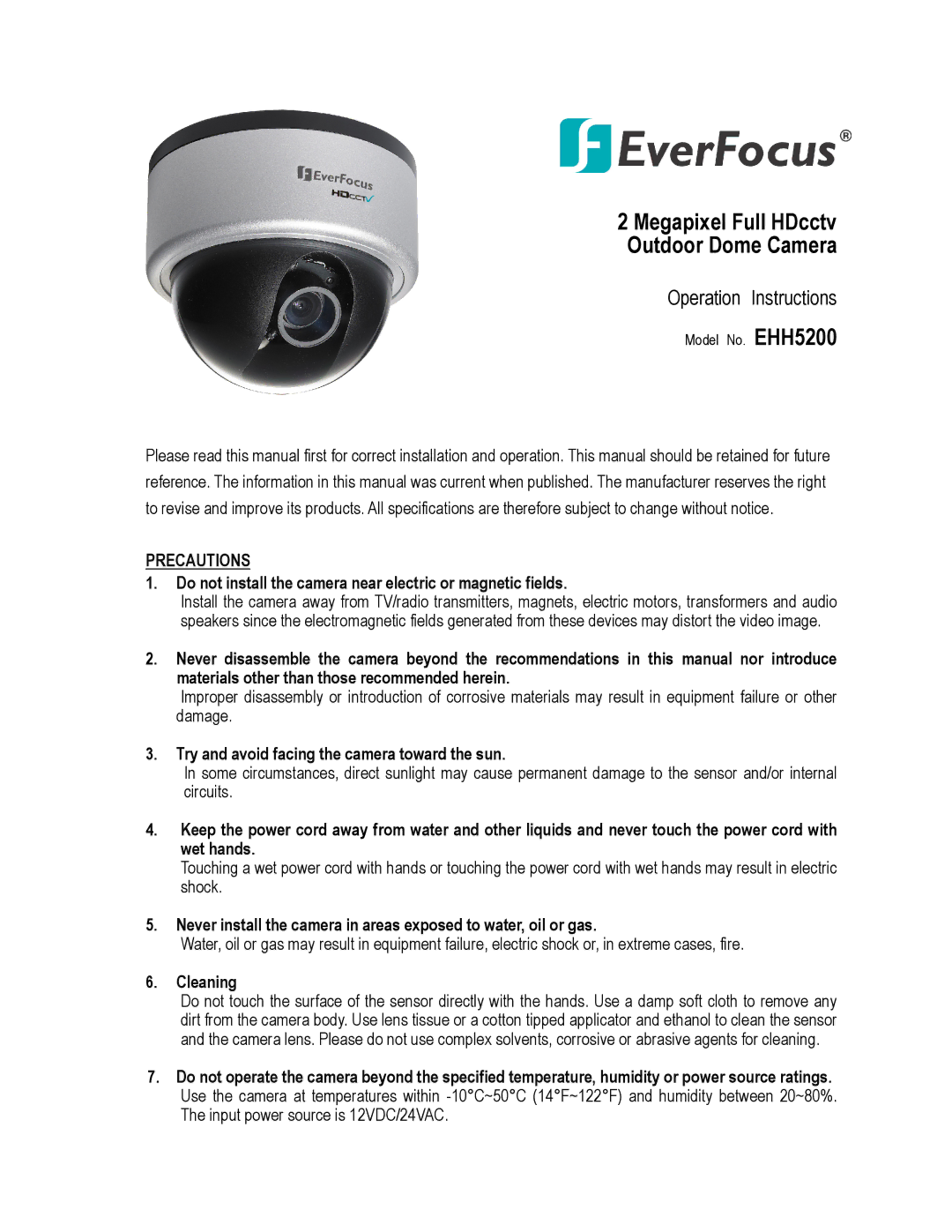 EverFocus EHH5200 specifications Operation Instructions, Do not install the camera near electric or magnetic fields 