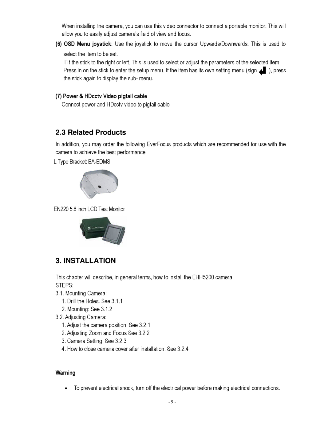 EverFocus EHH5200 specifications Installation 