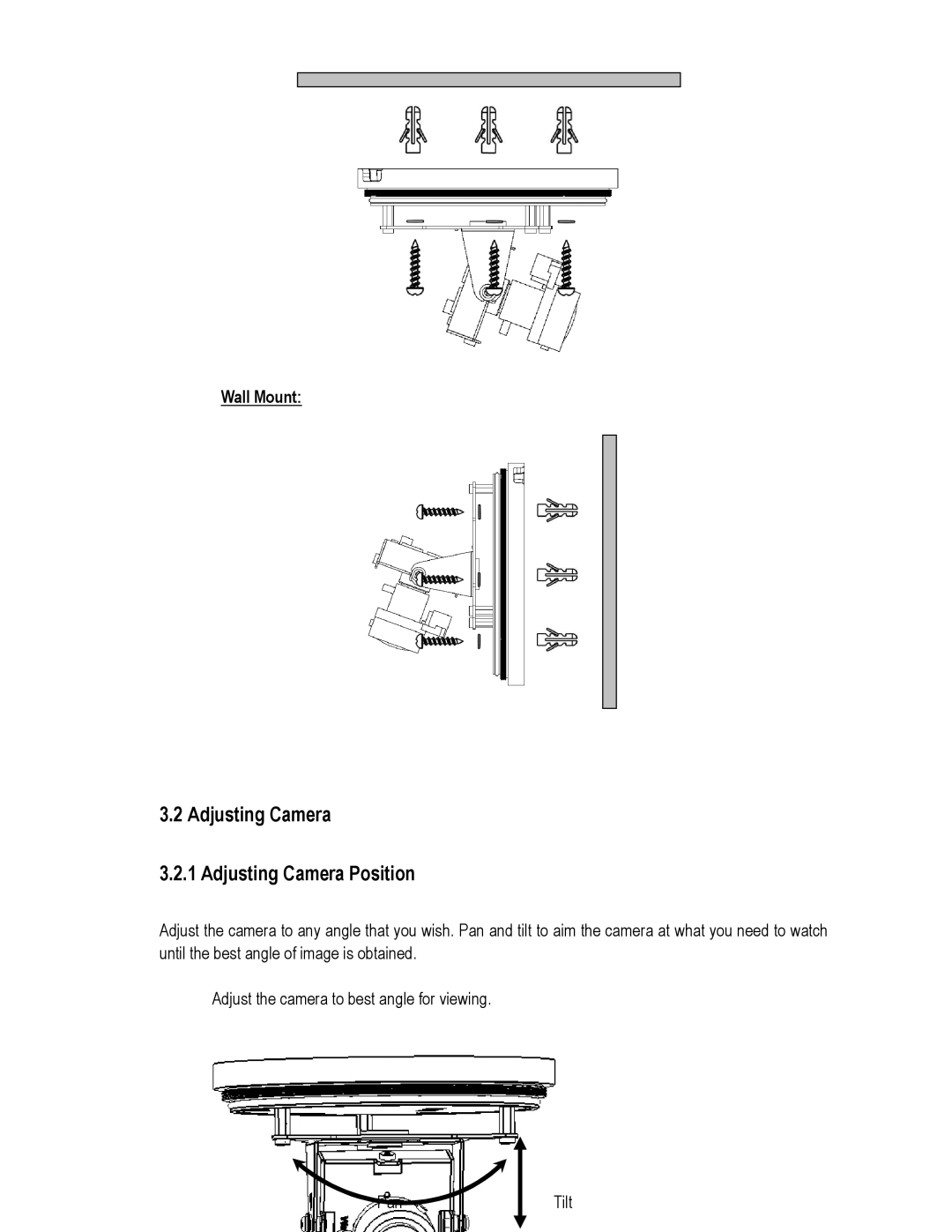 EverFocus EHH5200 specifications Adjusting Camera Adjusting Camera Position, Wall Mount 