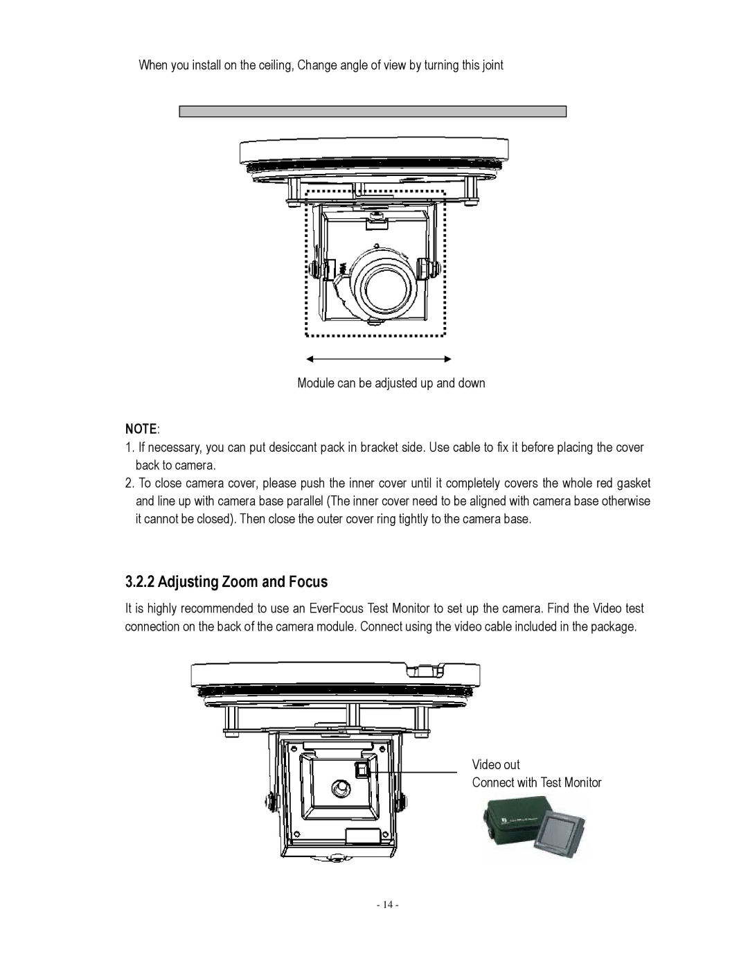 EverFocus EHH5200 specifications Adjusting Zoom and Focus, Video out Connect with Test Monitor 