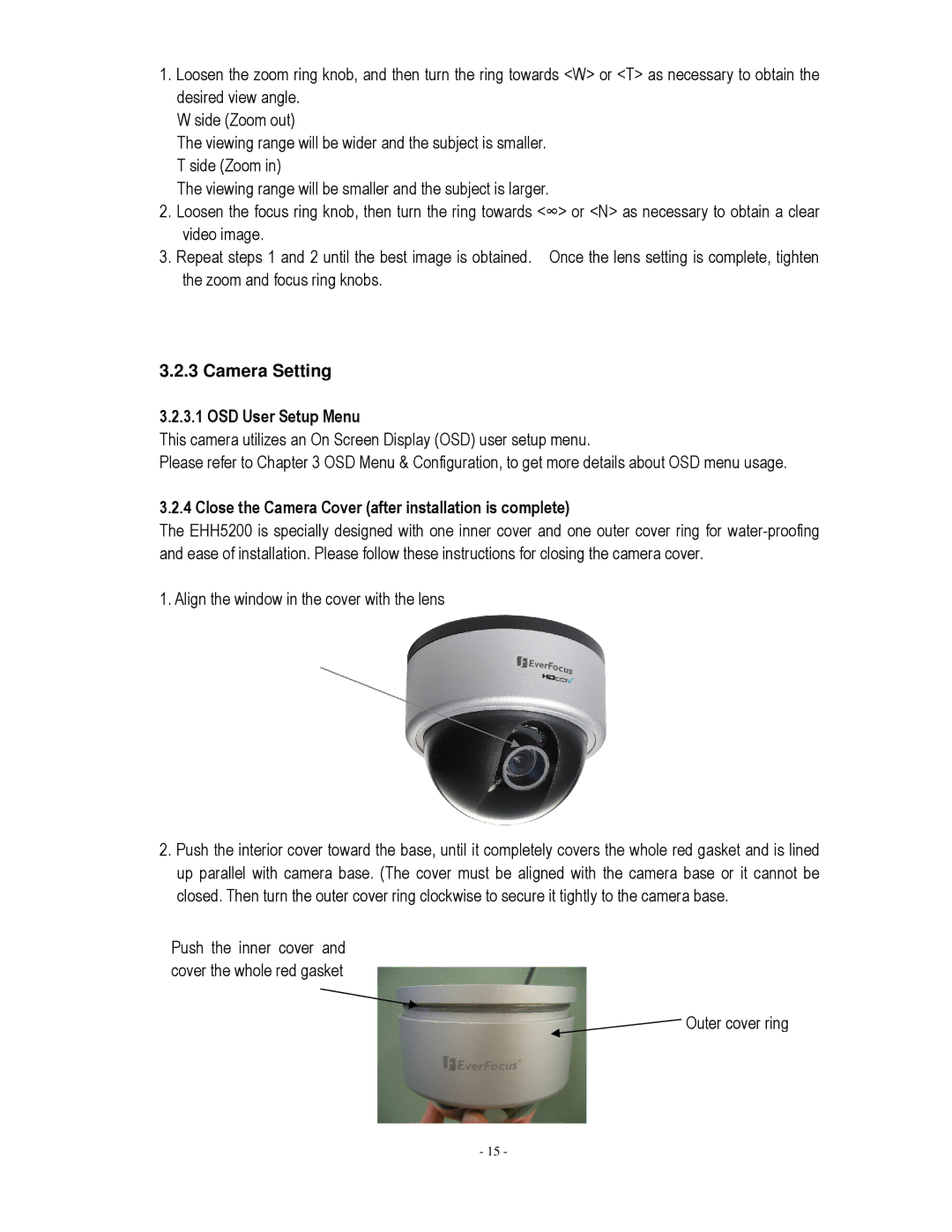 EverFocus EHH5200 specifications Camera Setting, Align the window in the cover with the lens 