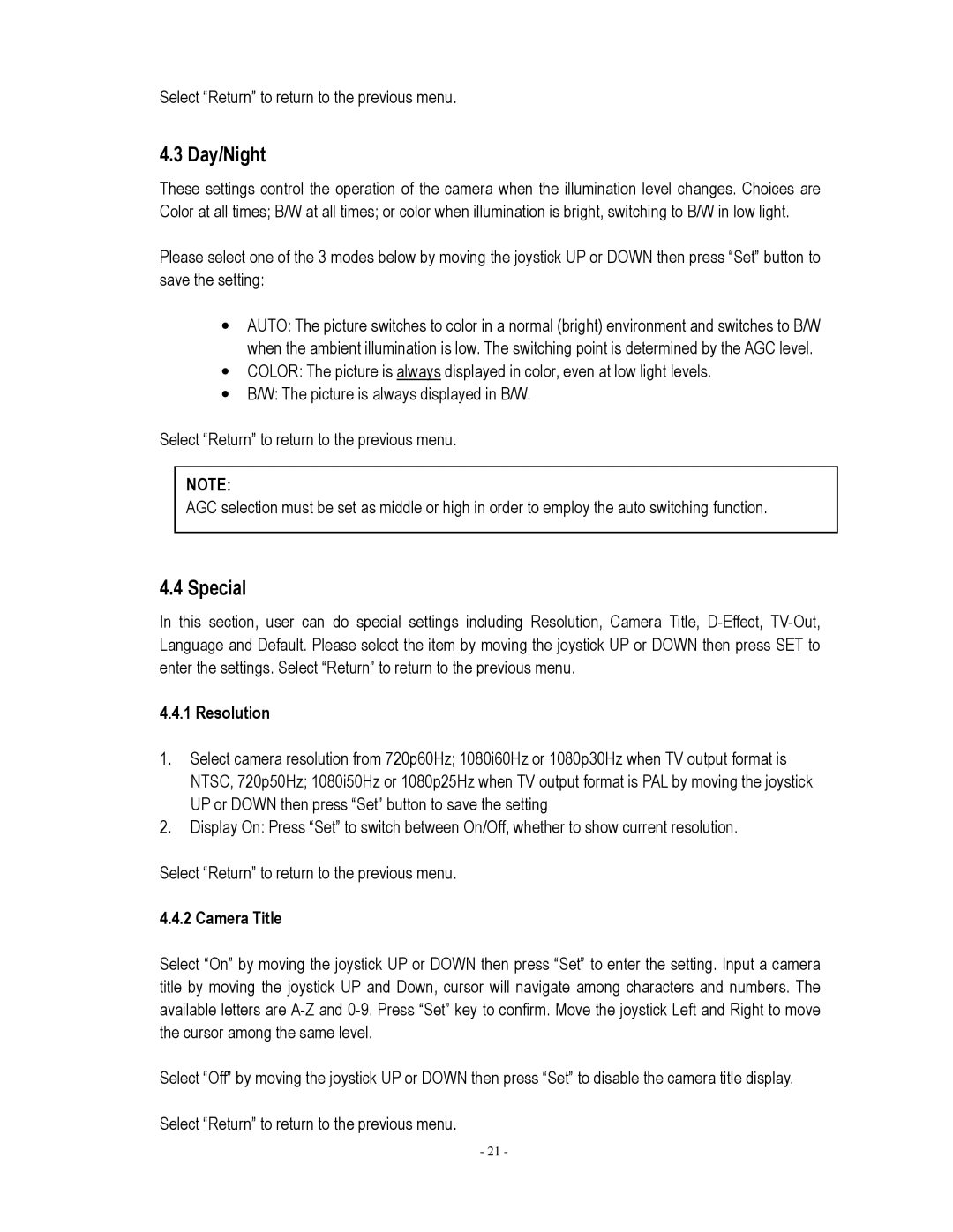 EverFocus EHH5200 specifications Day/Night, Special, Select Return to return to the previous menu, Resolution 