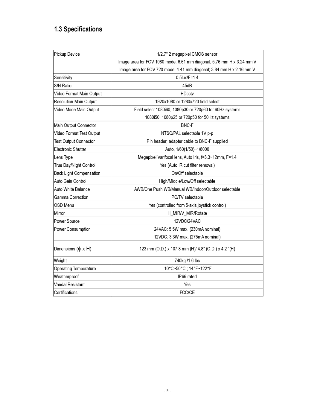 EverFocus EHH5200 specifications Specifications, Pickup Device 7 2 megapixel Cmos sensor 