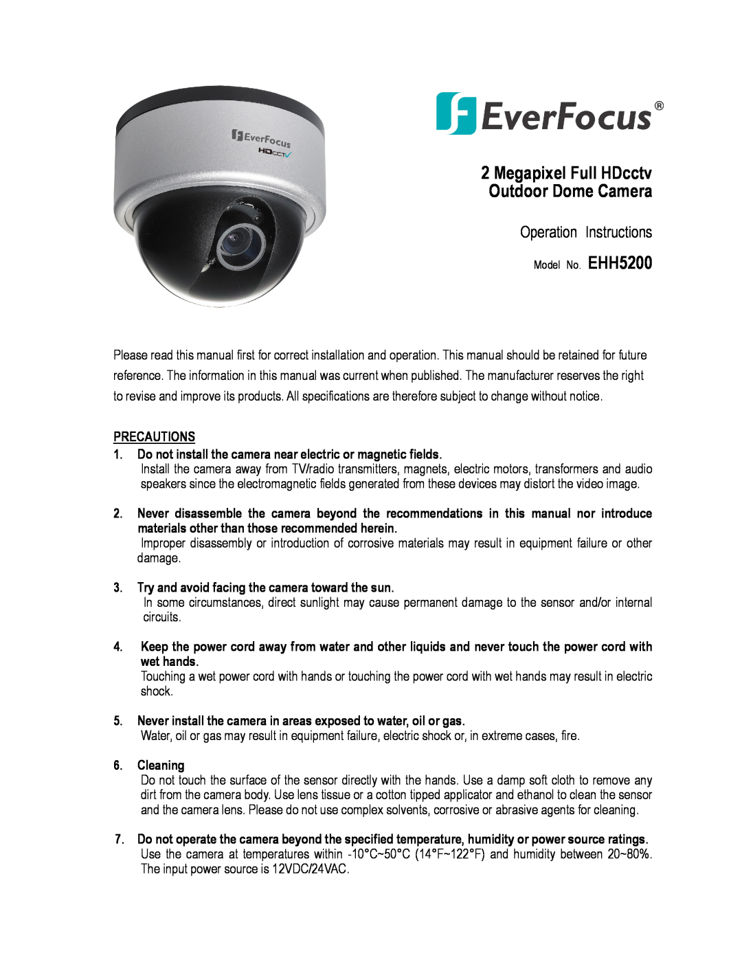 EverFocus EHH5200 specifications Megapixel Full HDcctv Outdoor Dome Camera, Operation Instructions 