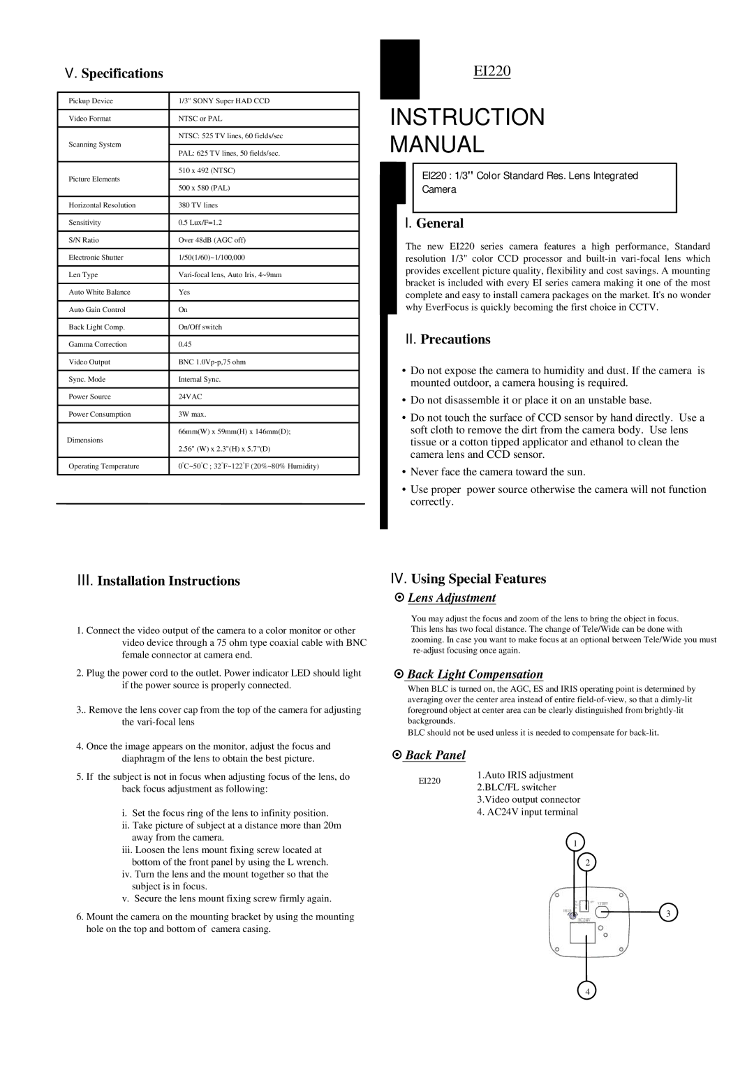 EverFocus EI220 instruction manual Instruction Manual 