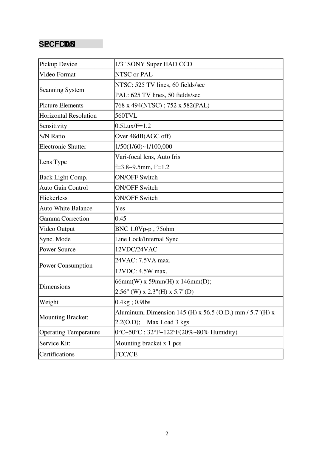 EverFocus EI350 specifications Specifications, 12VDC/24VAC 