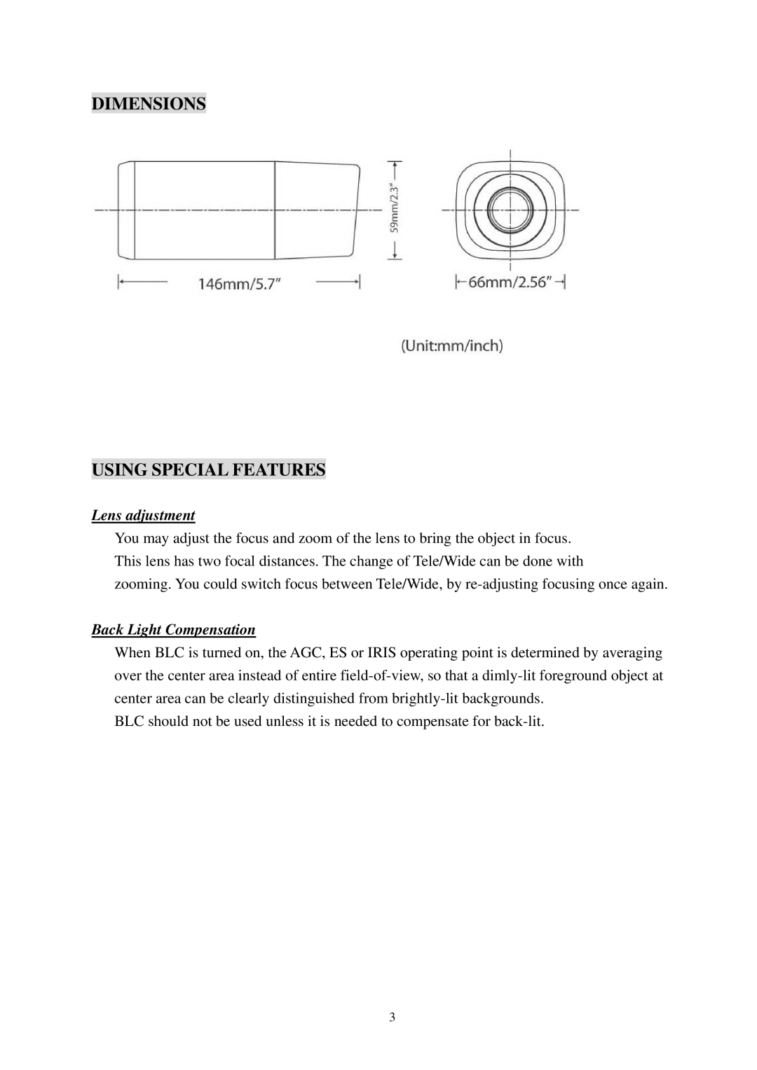 EverFocus EI350 specifications Dimensions Using Special Features, Lens adjustment, Back Light Compensation 