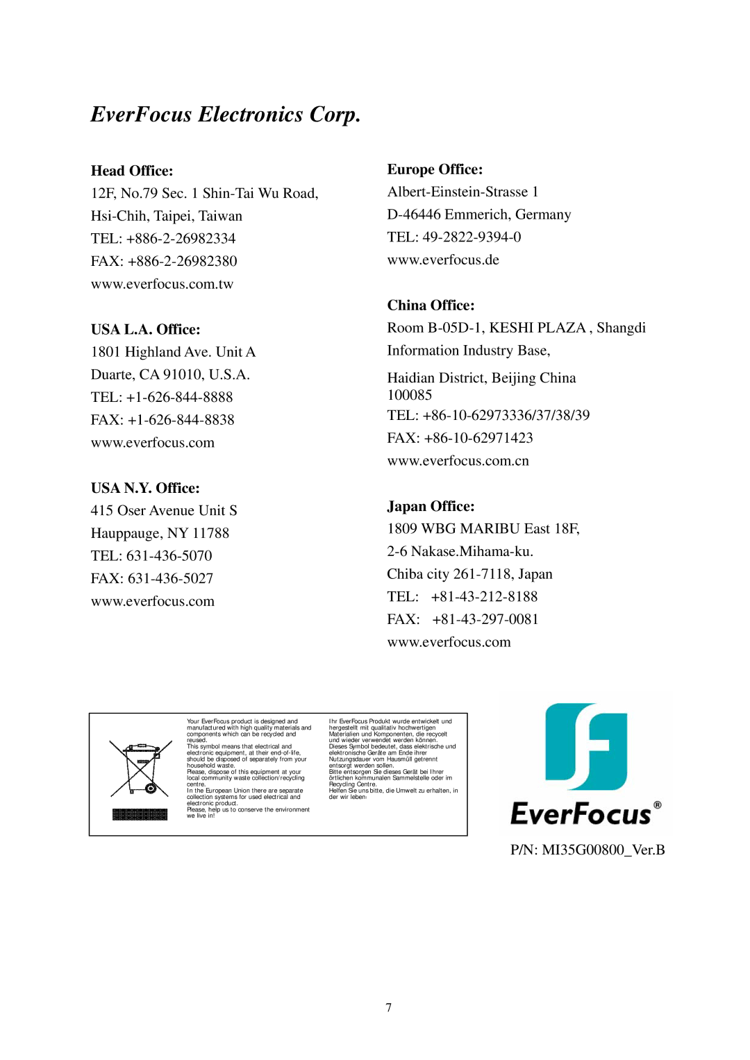 EverFocus EI350 specifications Head Office, USA L.A. Office USA N.Y. Office Europe Office, China Office, Japan Office 