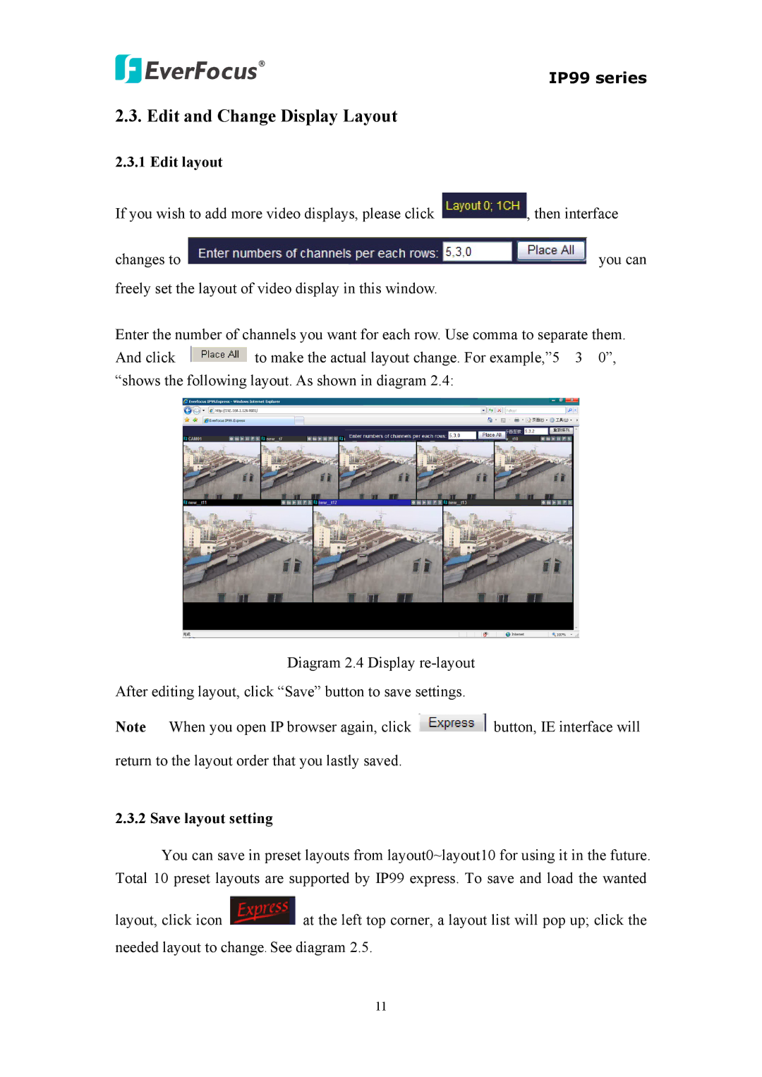 EverFocus EIP220, IP 99 Series, EVS110 user manual Edit and Change Display Layout, Edit layout, Save layout setting 