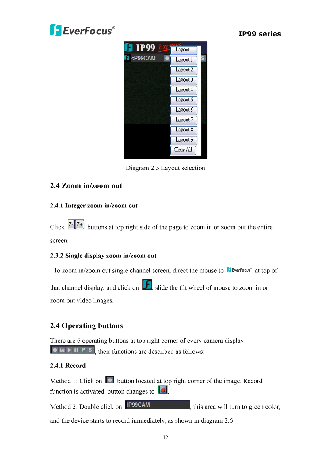 EverFocus IP 99 Series Zoom in/zoom out, Operating buttons, Integer zoom in/zoom out, Single display zoom in/zoom out 