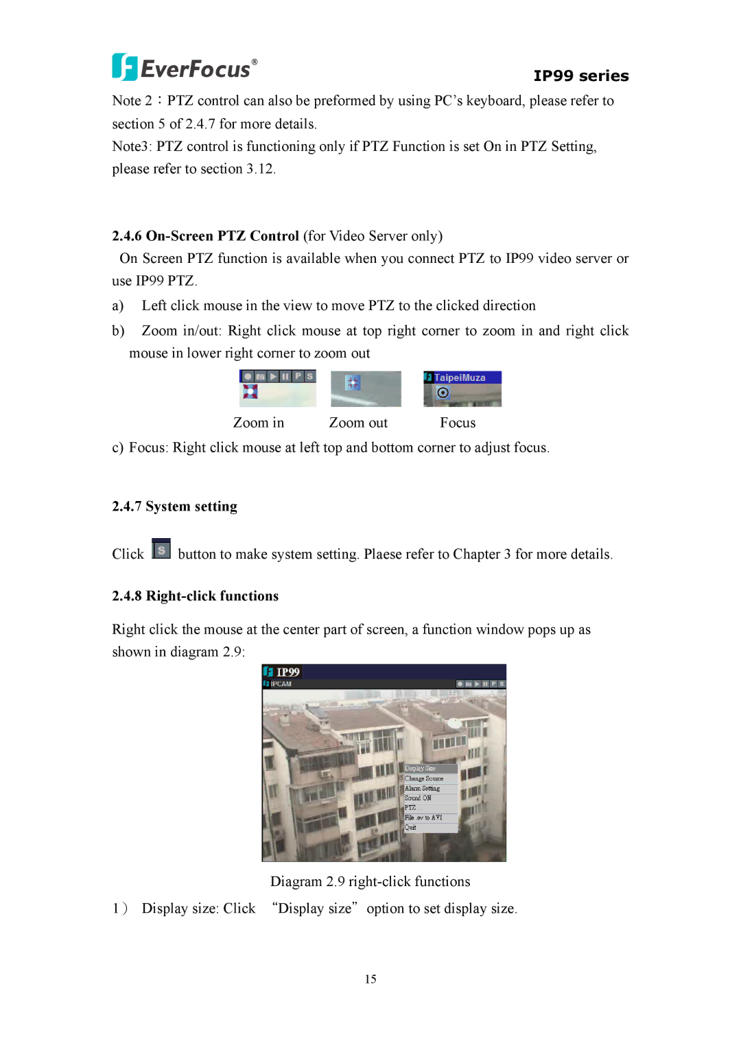 EverFocus IP 99 Series, EIP220, EVS110 user manual System setting, Right-click functions 