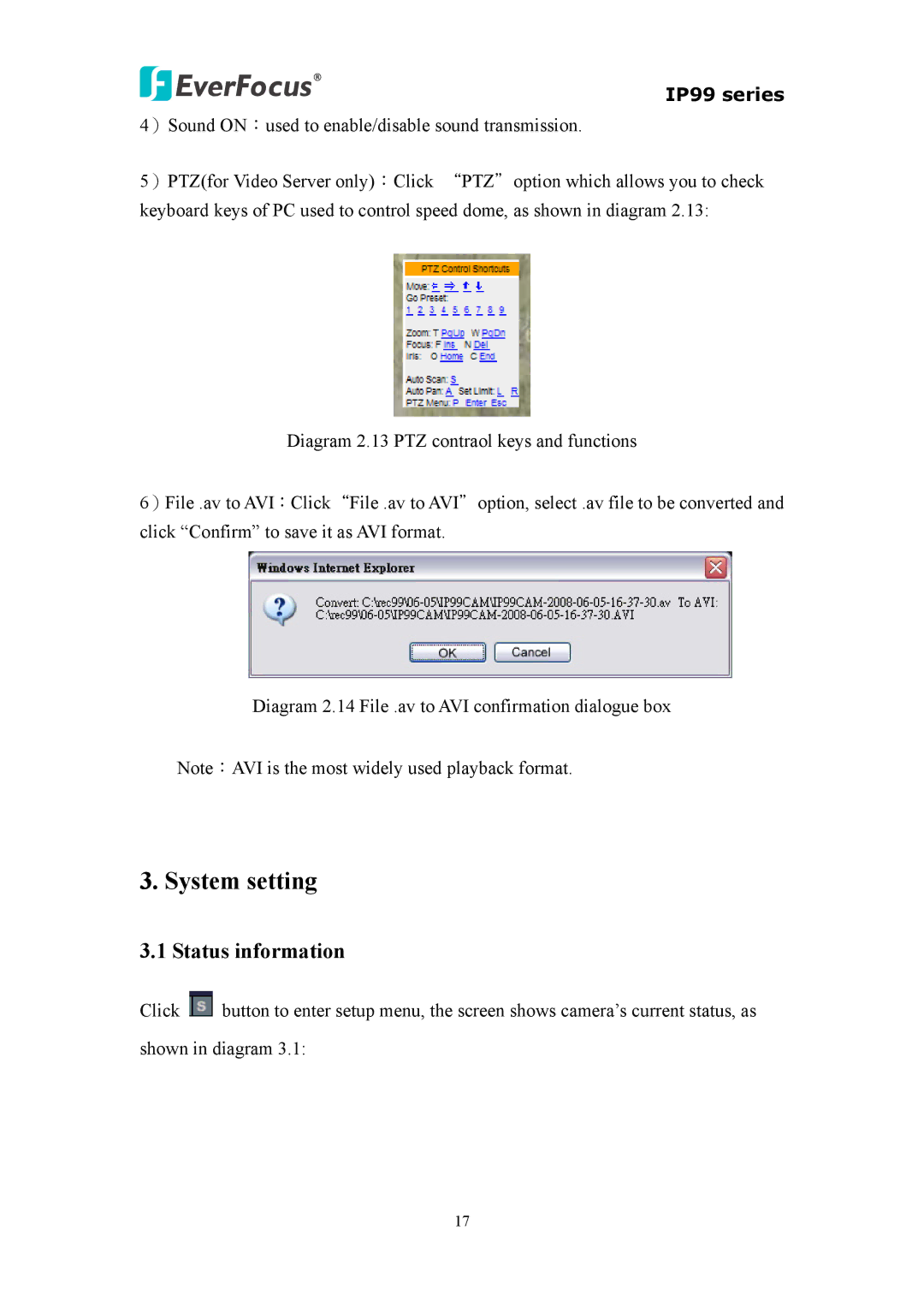 EverFocus EIP220, IP 99 Series, EVS110 user manual System setting, Status information 