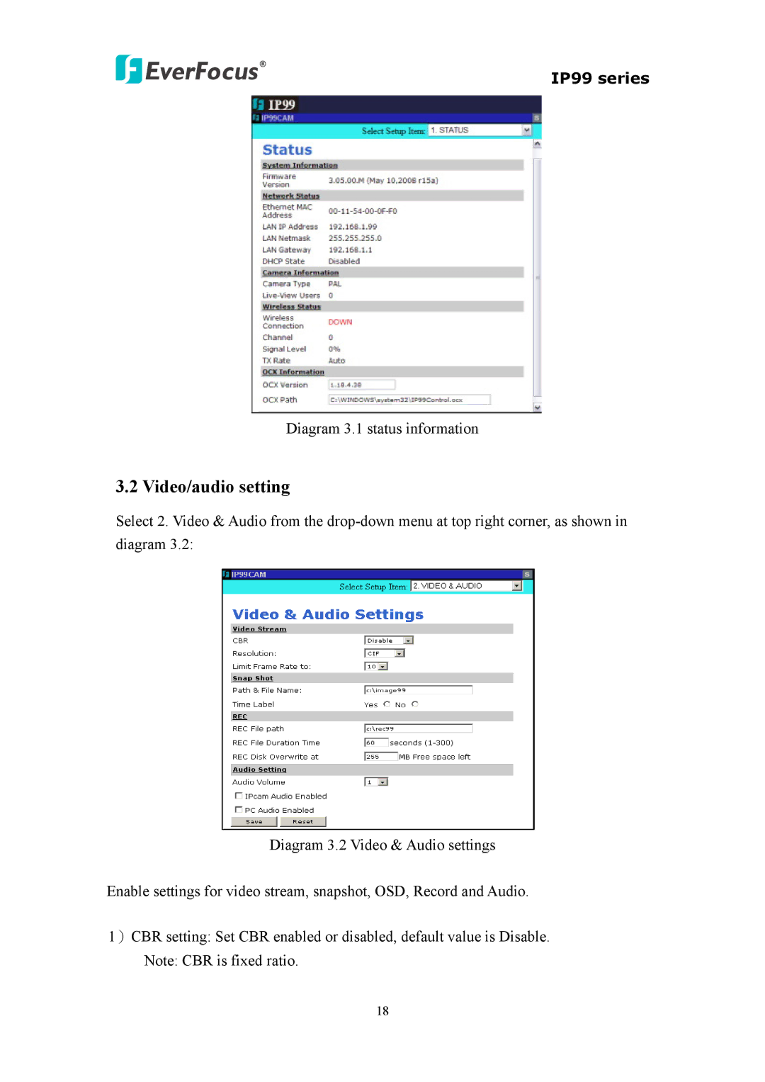 EverFocus IP 99 Series, EIP220, EVS110 user manual Video/audio setting 