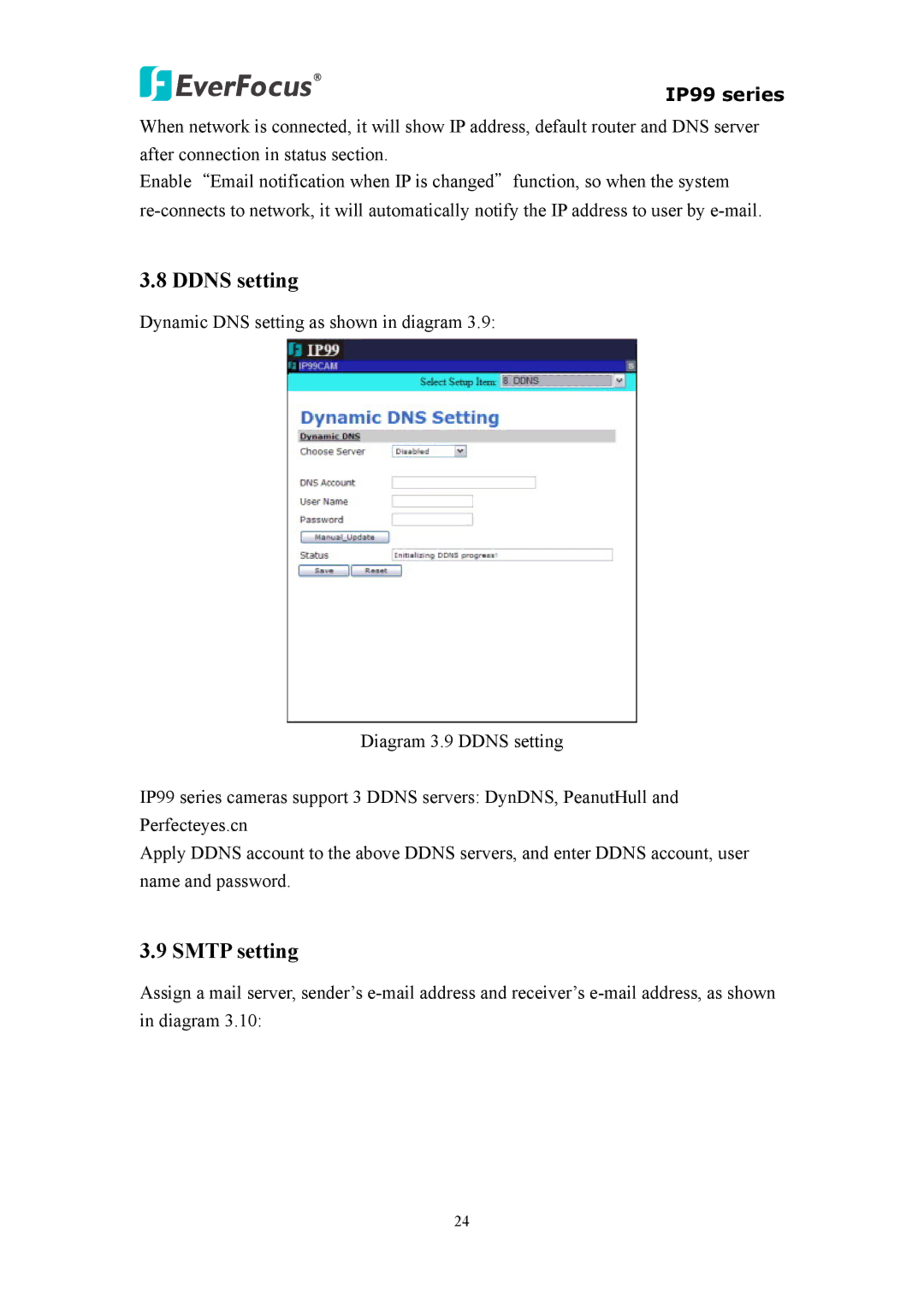 EverFocus IP 99 Series, EIP220, EVS110 user manual Ddns setting, Smtp setting 