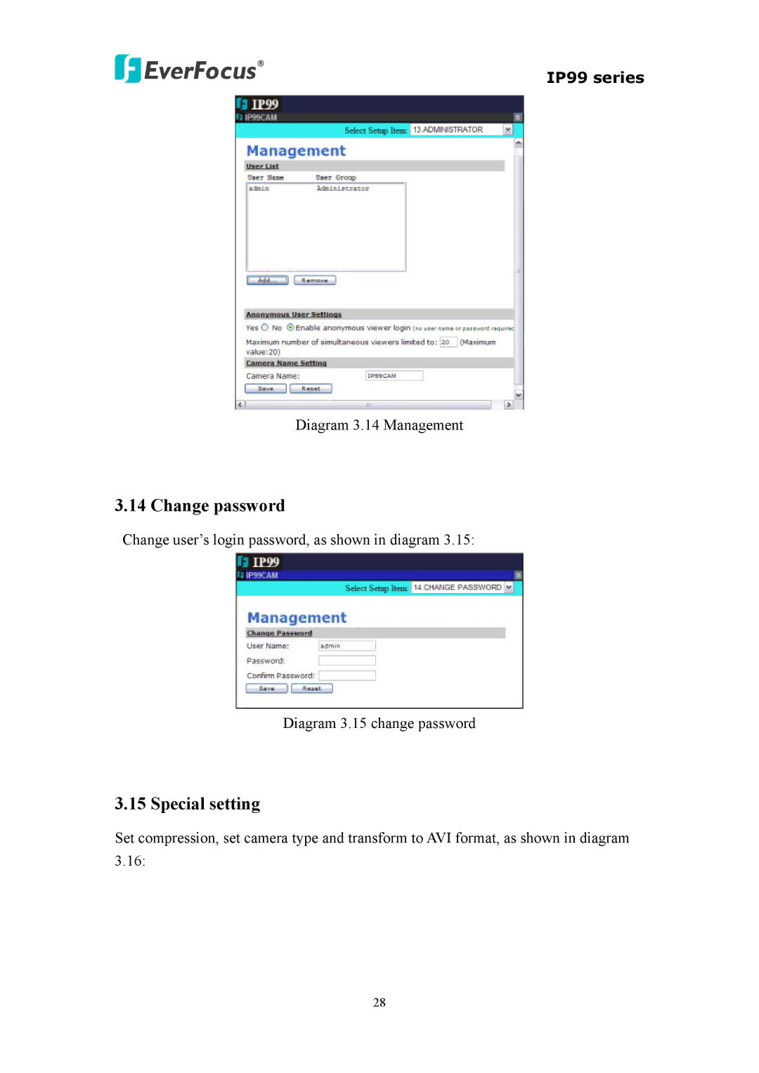 EverFocus EVS110, EIP220, IP 99 Series user manual Change password, Special setting 