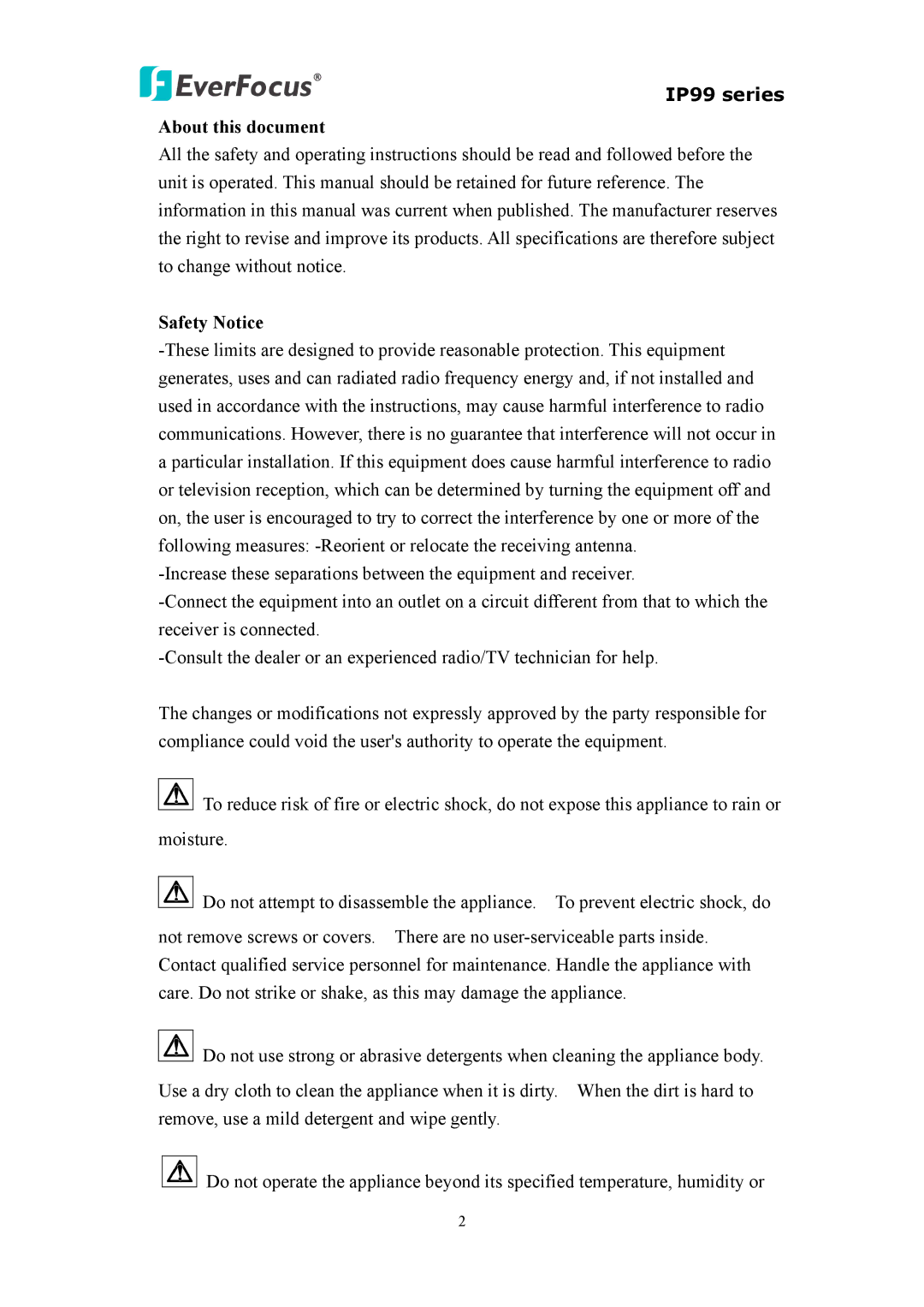 EverFocus EIP220, IP 99 Series, EVS110 user manual About this document, Safety Notice 