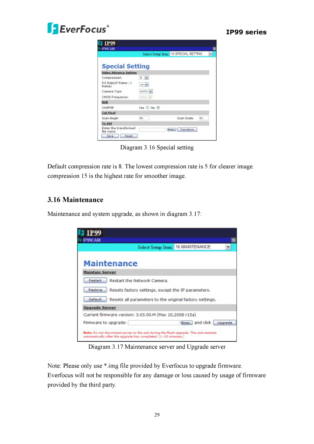 EverFocus EIP220, IP 99 Series, EVS110 user manual Maintenance 