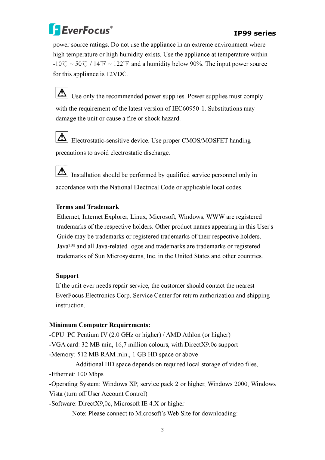 EverFocus IP 99 Series, EIP220, EVS110 user manual Terms and Trademark, Support, Minimum Computer Requirements 