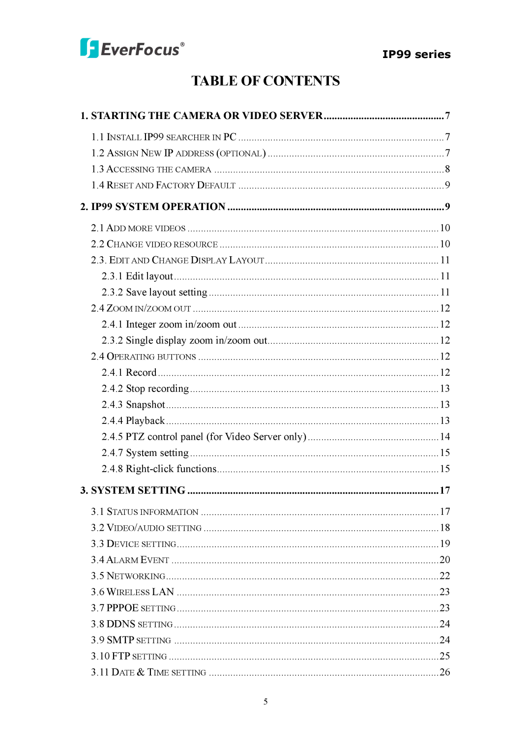 EverFocus EIP220, IP 99 Series, EVS110 user manual Table of Contents 