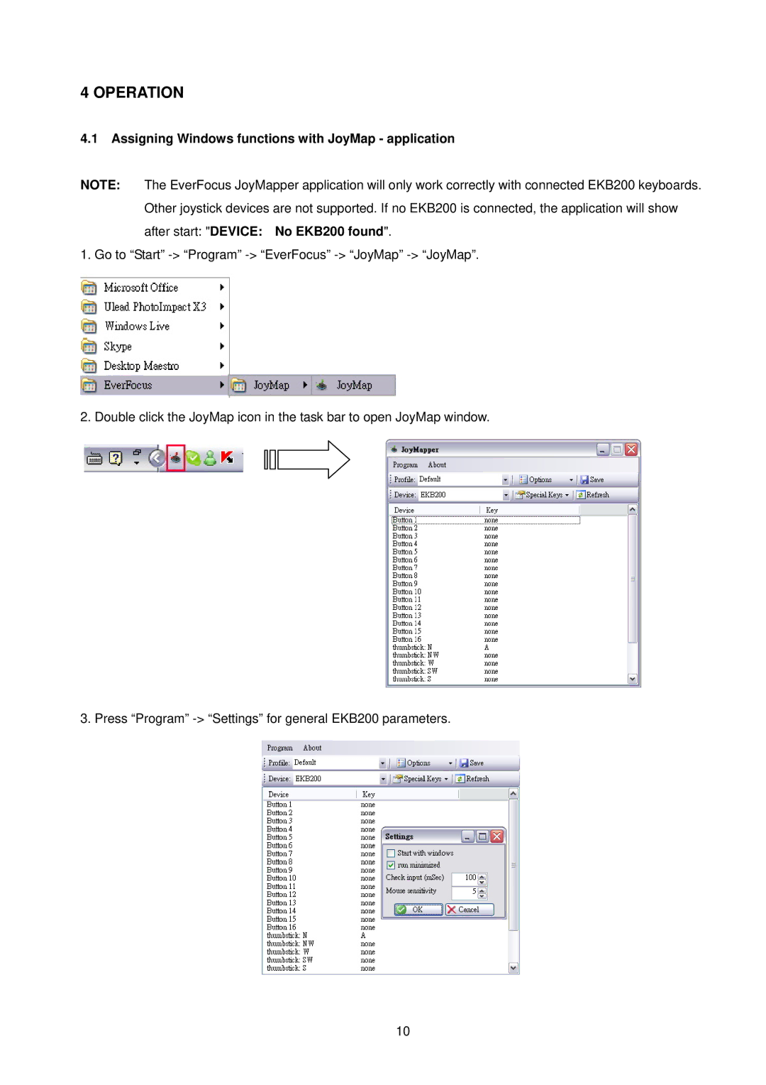 EverFocus EKB200 manual Operation, Assigning Windows functions with JoyMap application 